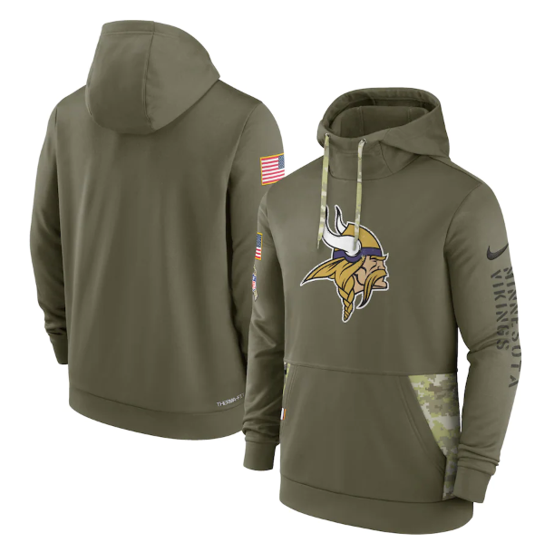 Men's Minnesota Vikings 2022 Olive Salute to Service Therma Performance Pullover Hoodie Men's Minnesota Vikings 2022 Olive Salute to Service Therma Performance Pullover Hoodie